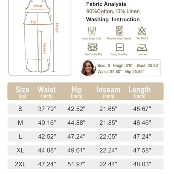 Wide Leg Overall Jumpsuit Harem Bib Pants Cotton Linen Ginger Size Large - Picture 4 of 5